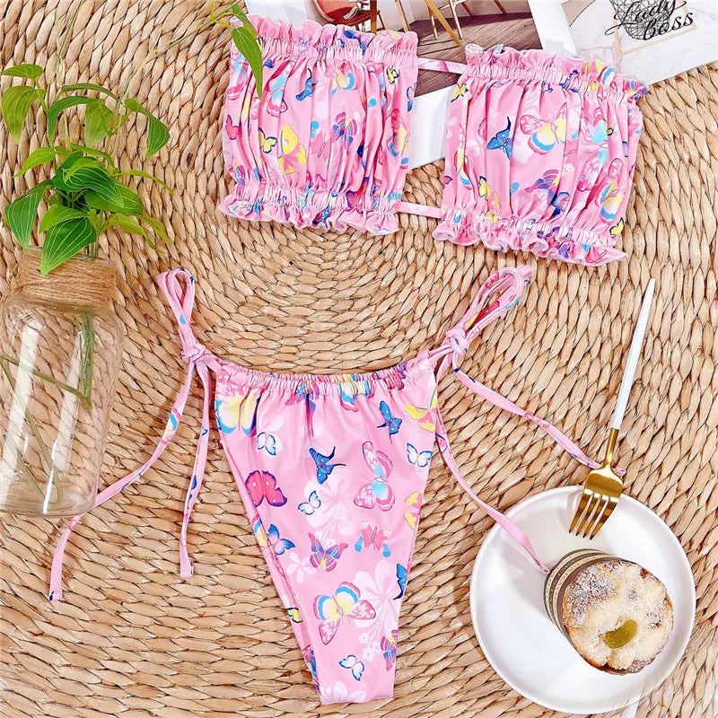 Tie Dye Pleated Ruffled Bikinis Bandeau Bikini Women Swimsuit Female Swimwear Two-pieces Bikini Set Hollow Out Bathing Suit Swim