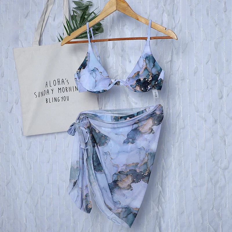 Marble Print V-Bar Underwired Bikini Women Swimsuit Female Swimwear Three-pieces Bikini Set Push Up Bathing Suit Beach Sarong