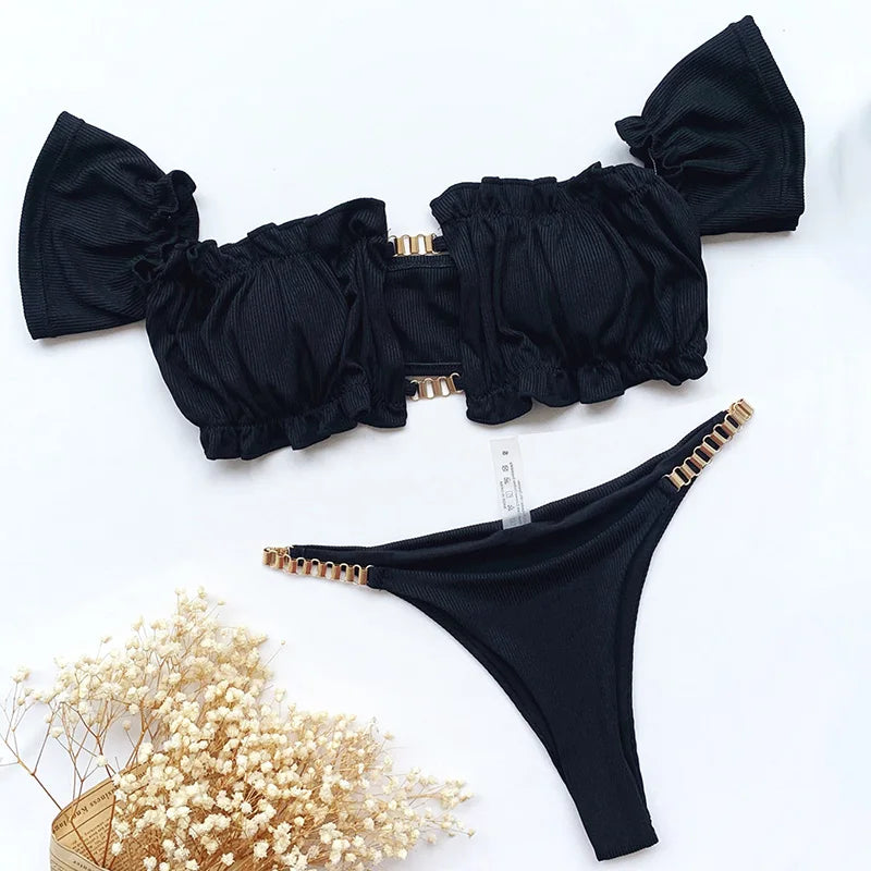 Cherry Print Off Shoulder Bikini 2025 High Cut Swimsuit Women Female Brazilian Swimwear Two pieces Bikini set Bathing Suit Swim