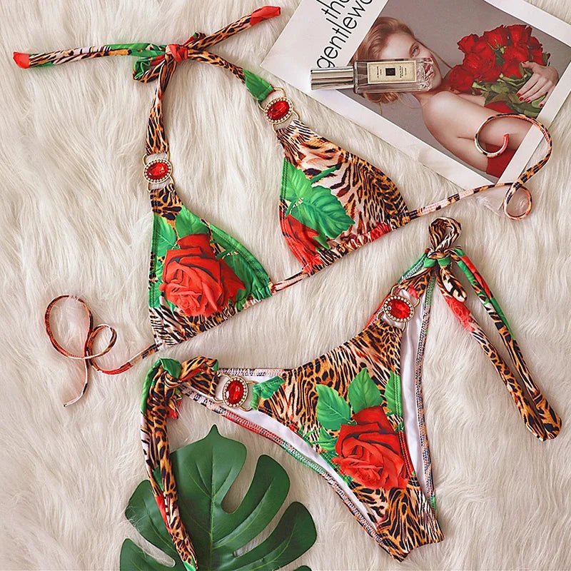 Sexy Leopard Crystal Diamond Bikini 2025 Women Swimsuit Female Halter Swimwear Two Pieces Bikini set Brazilian Bathing Suit Swim