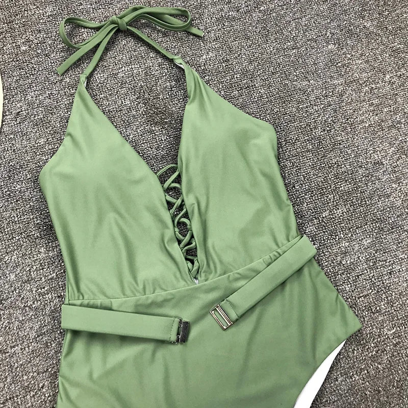 2025 Sexy Lace Up Halter Female Swimwear One Piece Swimsuit Women Backless Monokini with Waist Belt Bathing Suit Swim Bodysuit