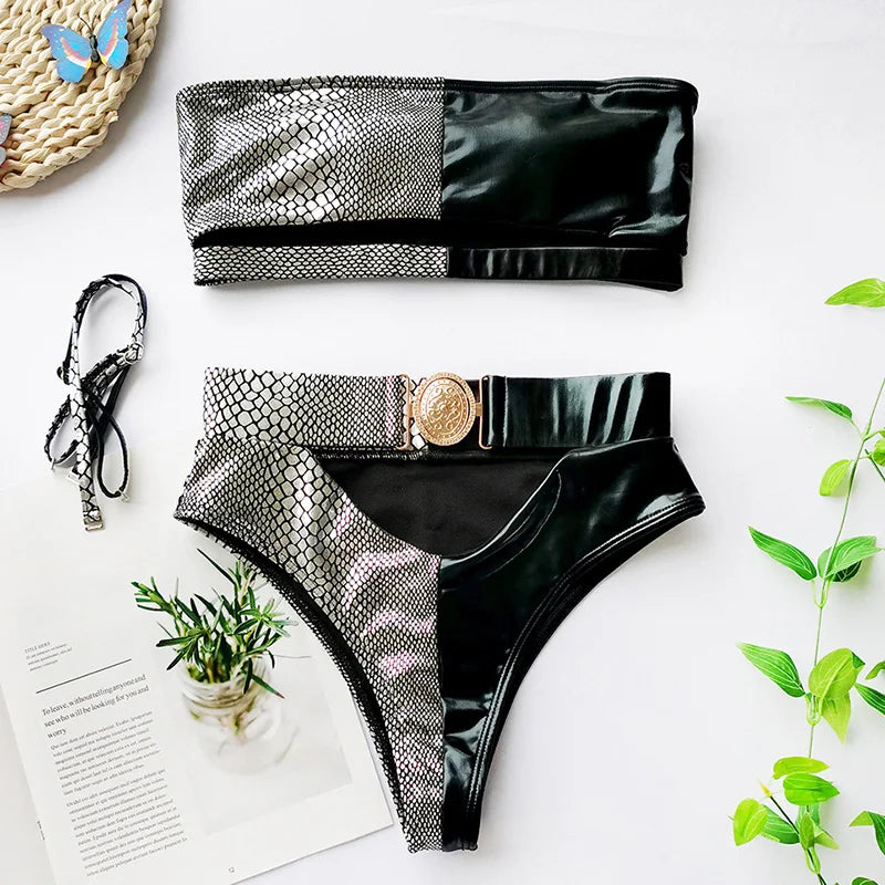 2026 Snake Printed Bandeau Bikini High Waist Swimsuit Women Vintage Swimwear Female Waist Belt Bikini Set Push Up Bathing Suit