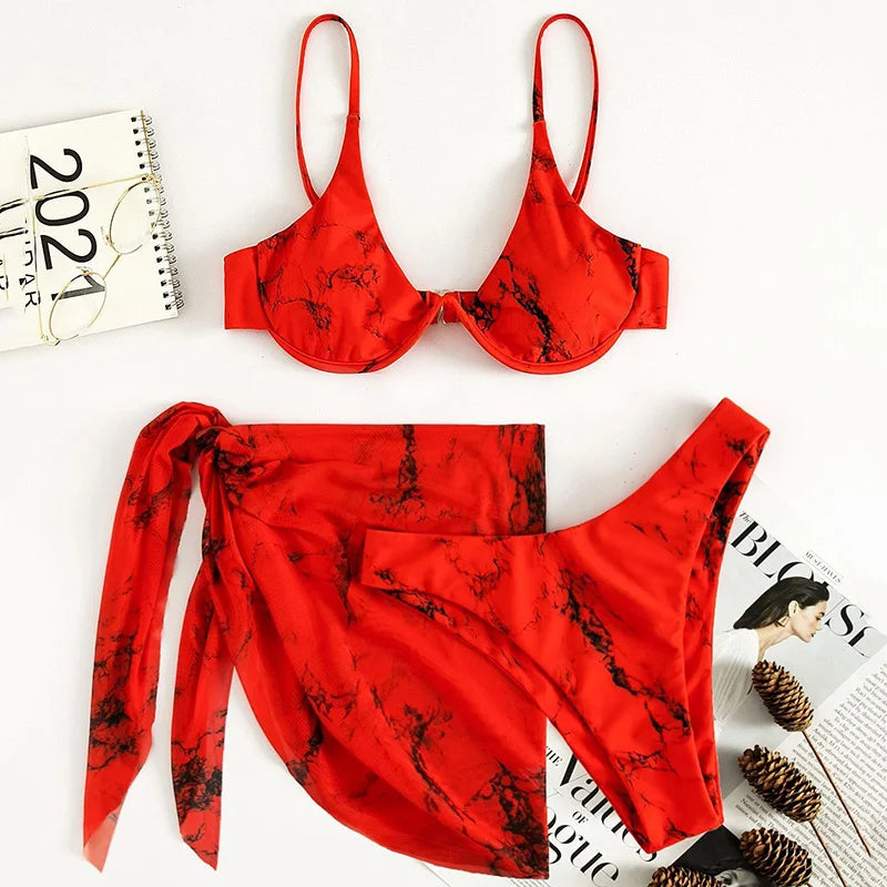 Marble Print V-Bar Underwired Bikini Women Swimsuit Female Swimwear Three-pieces Bikini Set Push Up Bathing Suit Beach Sarong