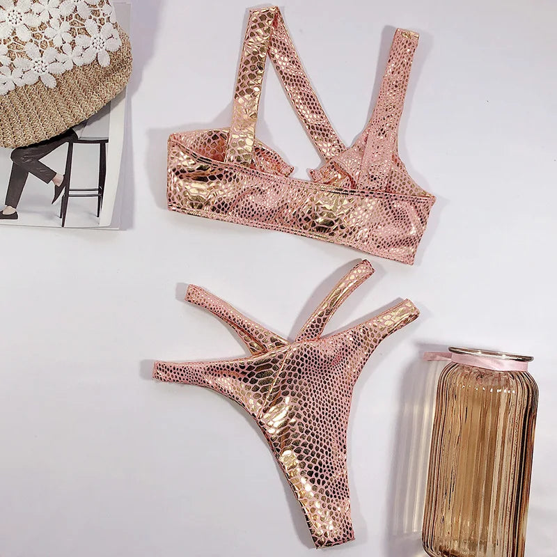 Asymmetric Shiny Snake Skin Thong Bikini Female Swimsuit Women Swimwear Two Pieces Bikini set High Cut Bather Bathing Suit Swim