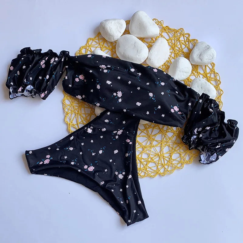 Cherry Print Off Shoulder Bikini 2025 High Cut Swimsuit Women Female Brazilian Swimwear Two pieces Bikini set Bathing Suit Swim