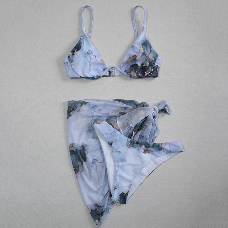 Marble Print V-Bar Underwired Bikini Women Swimsuit Female Swimwear Three-pieces Bikini Set Push Up Bathing Suit Beach Sarong
