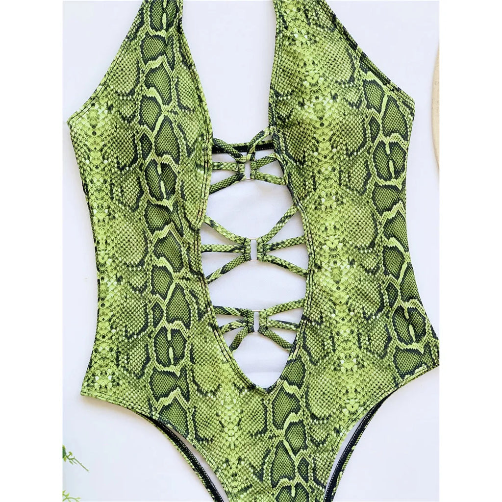 New Sexy Snake Skin Halter Monokini Women Swimwear One Piece Swimsuit Female Tummy Cut Out Bather Bathing Suit Swim Lady V3056