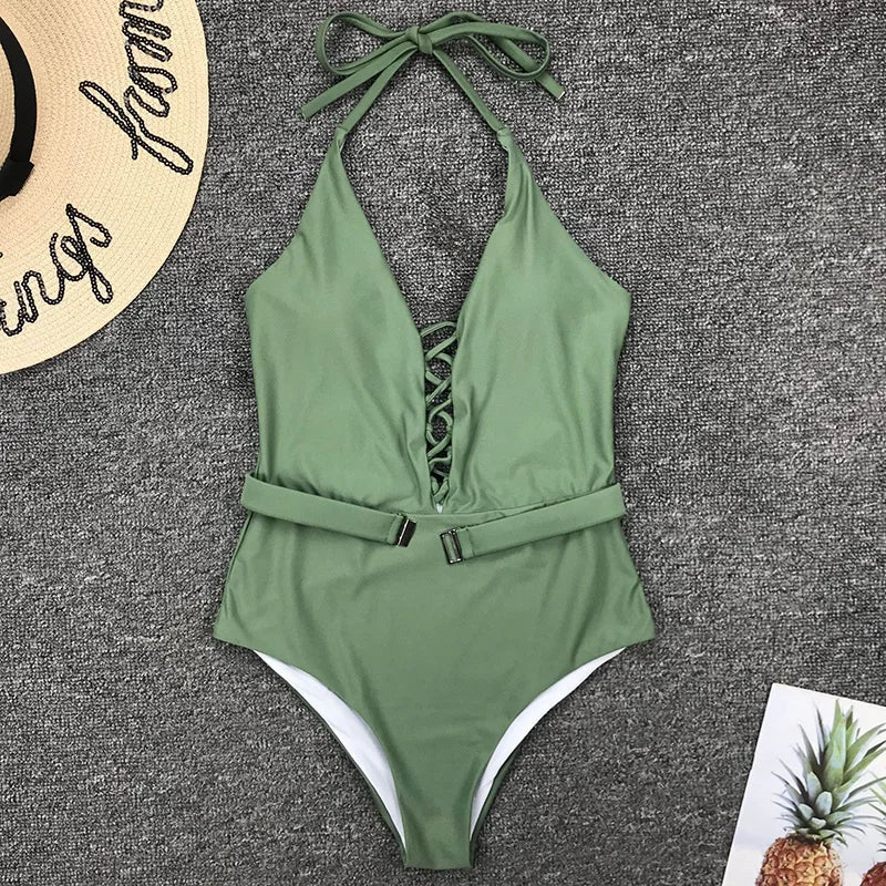 2025 Sexy Lace Up Halter Female Swimwear One Piece Swimsuit Women Backless Monokini with Waist Belt Bathing Suit Swim Bodysuit