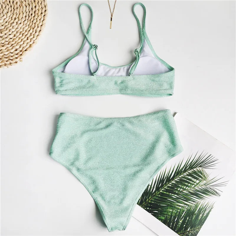 2025 Glitter Sparkling Female Swimsuit High Waist Bikini Women Swimwear Two Pieces Bikini Set Wrinkled Bandeau Bathing Suit Swim
