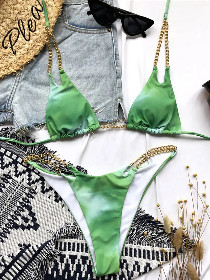 Sexy Halter Metal Chains Brazilian Bikini 2025 Women Swimsuit Female Swimwear Two Pieces Bikini Set Bathing Suit Swim Beach Wear