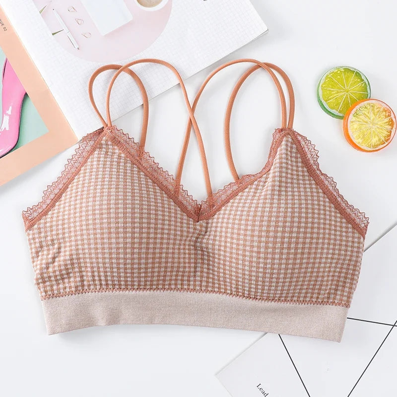 Gingham Lace Cross-Back Bralette Wireless Wrap Bra Sexy Lingerie Stretchy Beauty Cross Back Underwear Plaid Lace Trim Tube Bra
