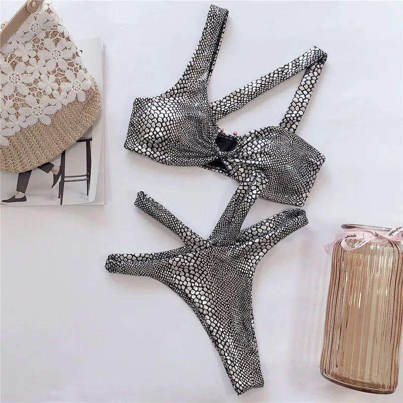 Asymmetric Shiny Snake Skin Thong Bikini Female Swimsuit Women Swimwear Two Pieces Bikini set High Cut Bather Bathing Suit Swim