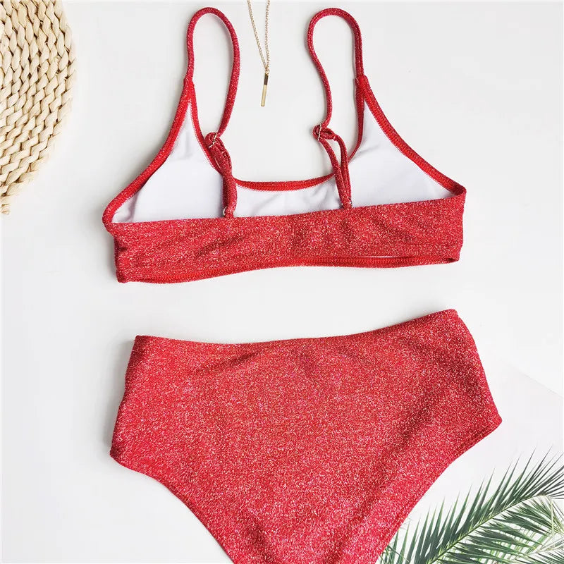 2025 Glitter Sparkling Female Swimsuit High Waist Bikini Women Swimwear Two Pieces Bikini Set Wrinkled Bandeau Bathing Suit Swim