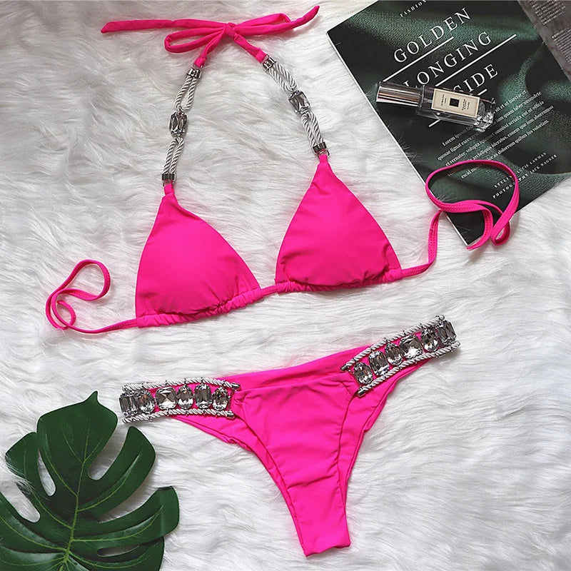 2026 Halter Shiny Crystal Diamond Bikini Women Swimsuit Female Swimwear Rhinestone Bikini Set Rhinestone Brazilian Bathing Suit