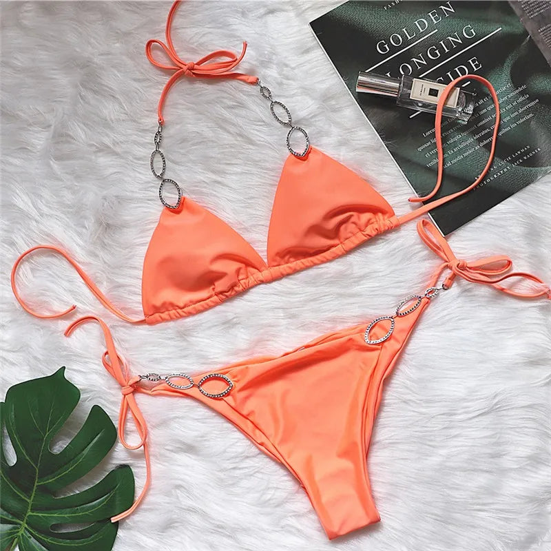 New Shiny Crystal Diamond Bikini 2026 Women Halter Bandage Swimsuit Female Swimwear Rhinestone Bikini set Brazilian Bathing Suit