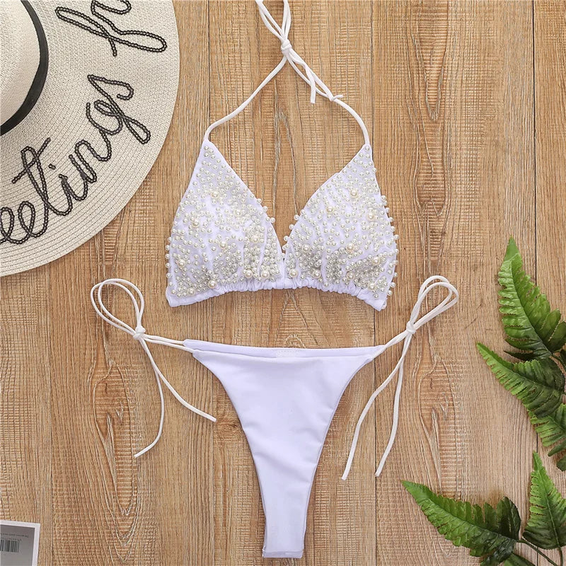 S - XL Halter Luxury Pearl Bikini Female Swimsuit Women Swimwear Two-pieces Bikini set Mini Micro Bather Bathing Suit Swim Lady