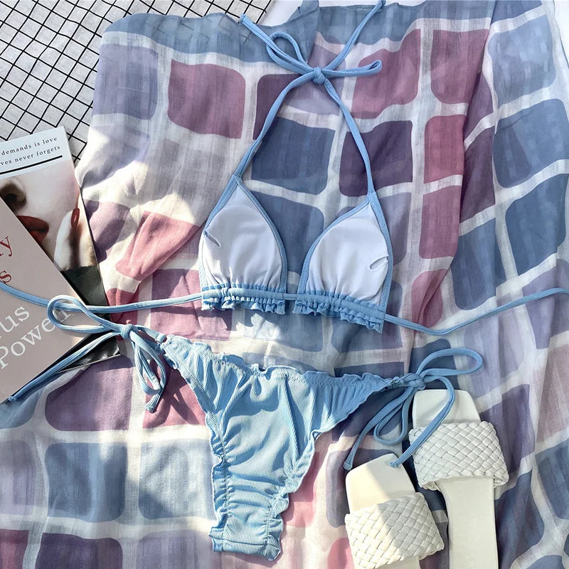 Halter String Ruffled Frilled Bikini 2026 Women Swimsuit Female Swimwear Two Pieces Bikini Set Padded Bather Bathing Suit Swim