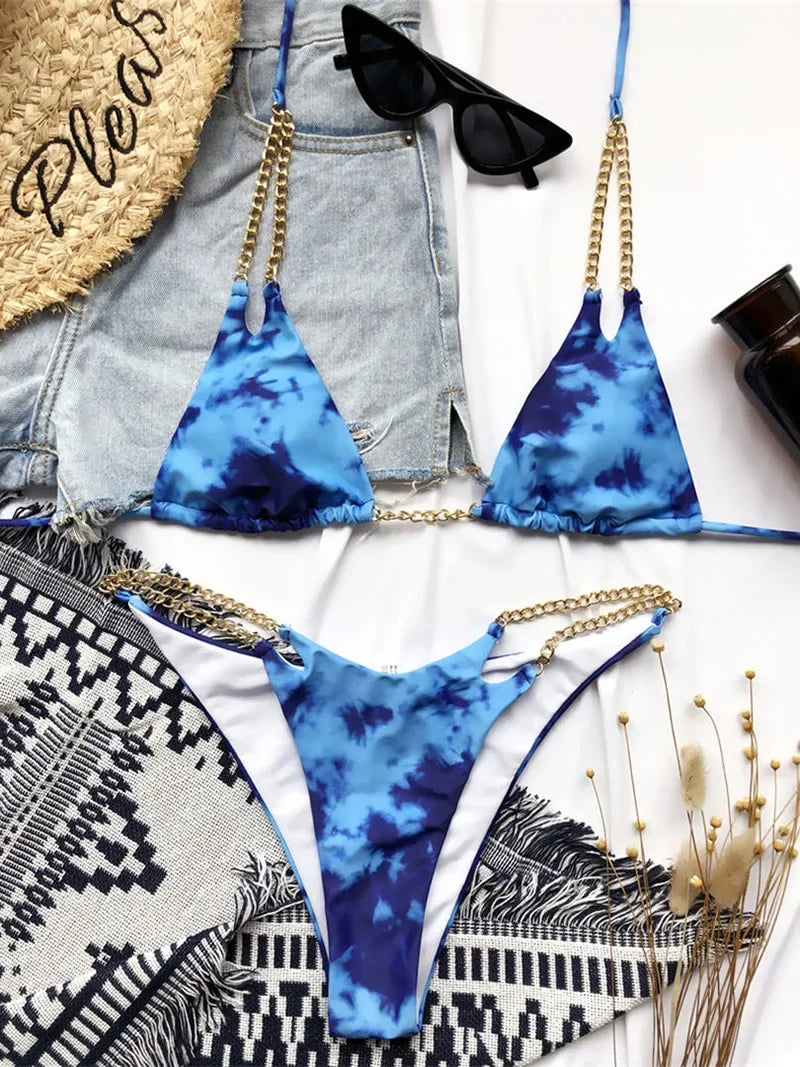 Sexy Halter Metal Chains Brazilian Bikini 2025 Women Swimsuit Female Swimwear Two Pieces Bikini Set Bathing Suit Swim Beach Wear
