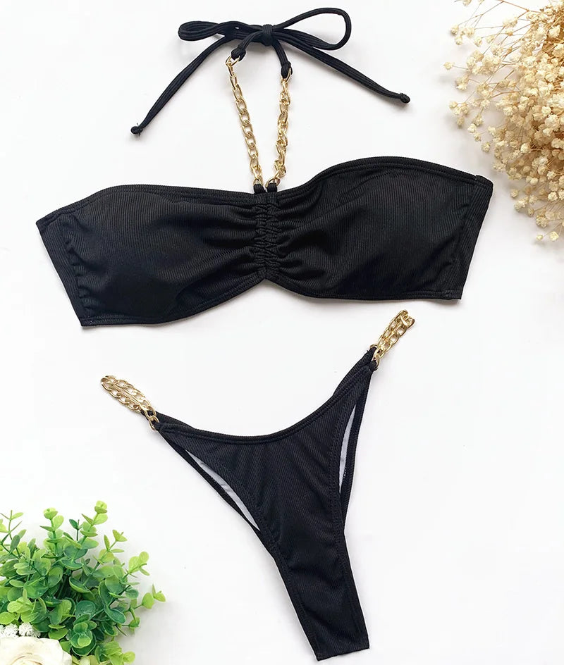 New Halter Ribbed Brazilian Bikini Female Swimsuit Women Swimwear Two pieces Bikini set Metal Chains Bather Bathing Suit Swim