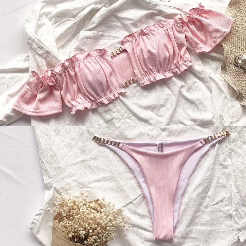 Cherry Print Off Shoulder Bikini 2025 High Cut Swimsuit Women Female Brazilian Swimwear Two pieces Bikini set Bathing Suit Swim