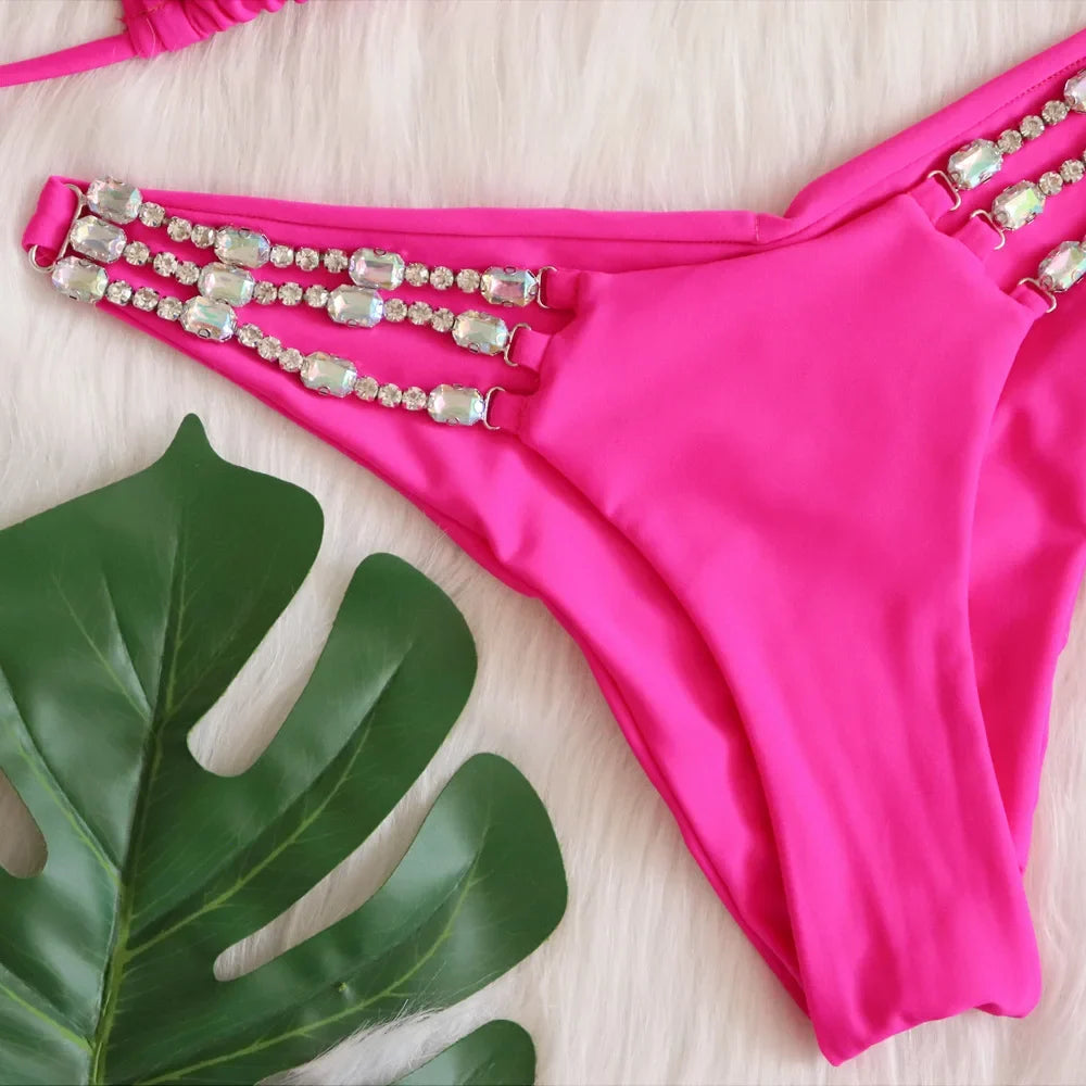 Sexy Rhinestone Bikini Set 2025 Shinny Hot Pink Push Up Thong Swimsuit Brazilian Diamond Metal Chain Beach Bathing Suit Swimwear