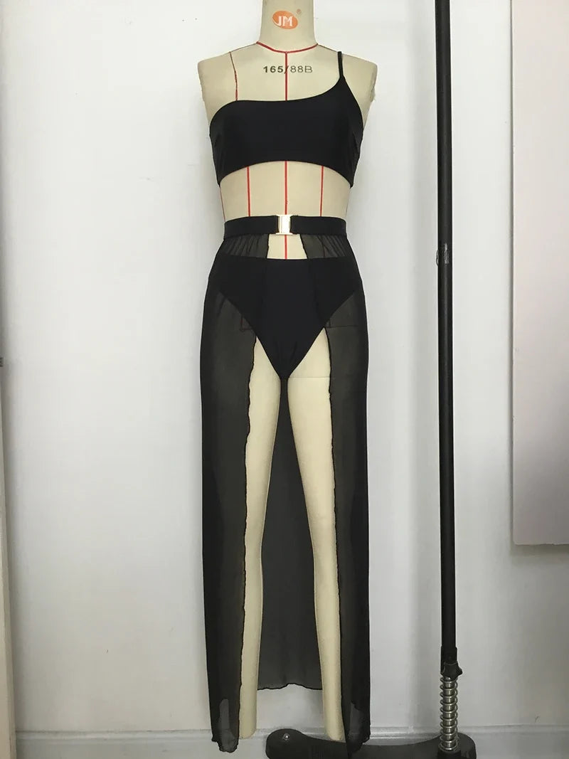 New One shoulder Bikini 2025 Female Swimsuit Women Swimwear Three-pieces Bikini set Mesh Long Skirt Beach wear Bathing Suit Swim