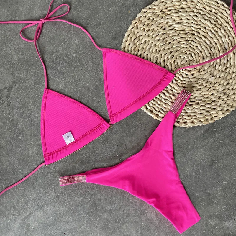 Shiny Sequins Diamond Micro Bikini 2025 Women Swimsuit Female Halter Swimwear Two Pieces Bikini Set Brazilian Bathing Suit Swim