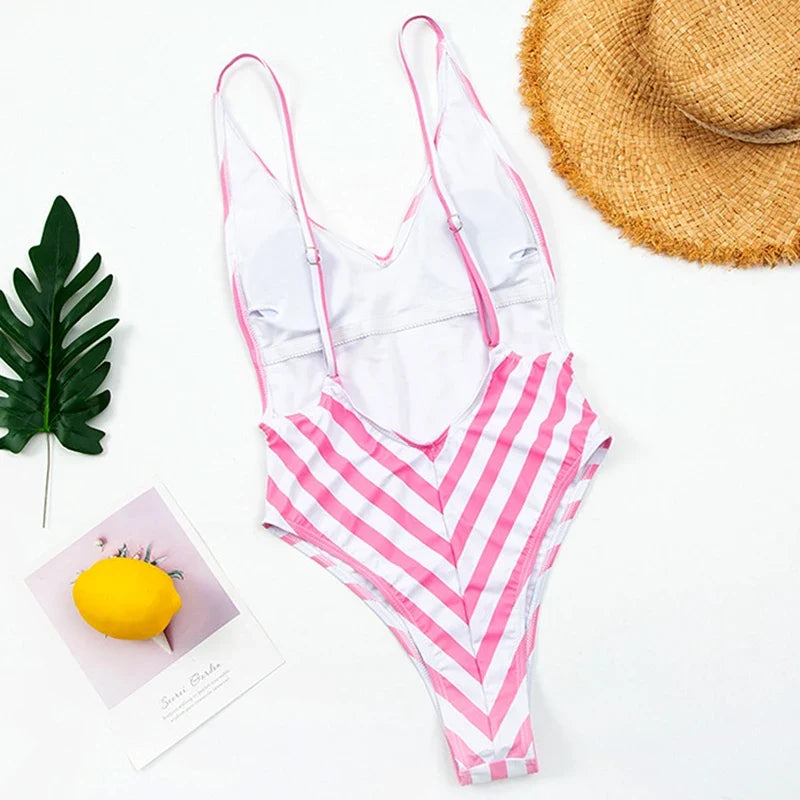2025 Sexy Backless Striped Women Swimwear One Piece Swimsuit Female monokini High cut Trikini V Neck Bathing Suit Swim Bodysuit