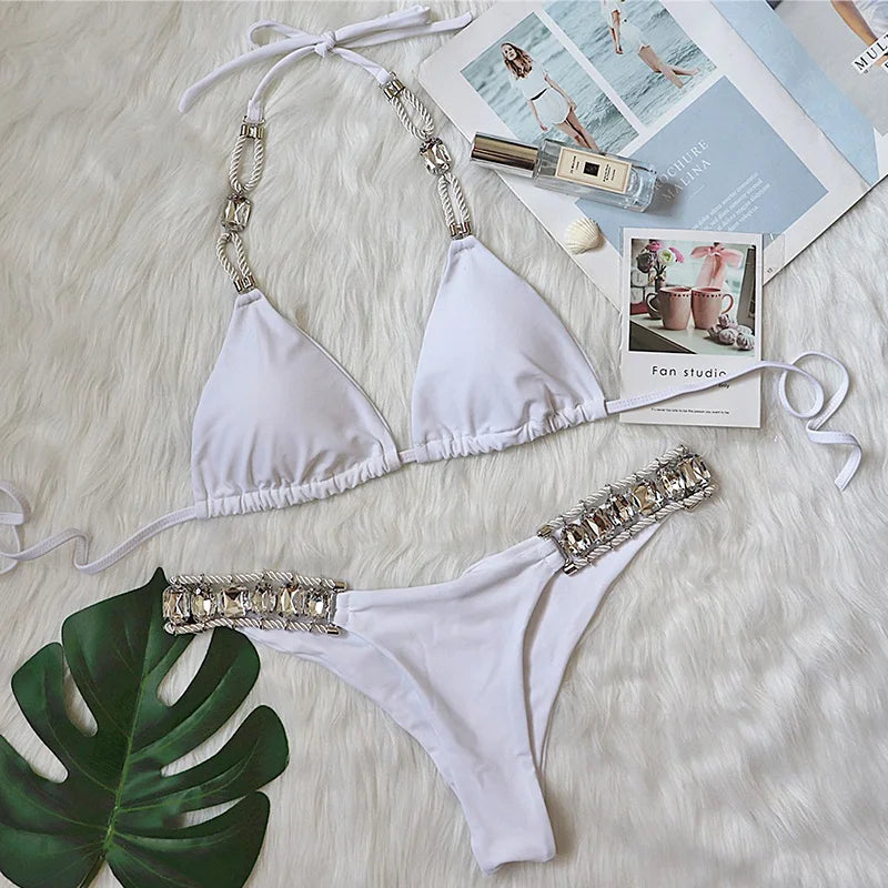 Halter Shiny Crystal Diamond Bikini Women Bandage Swimsuit Female Swimwear Rhinestone Bikini set Brazilian Bathing Suit Swim