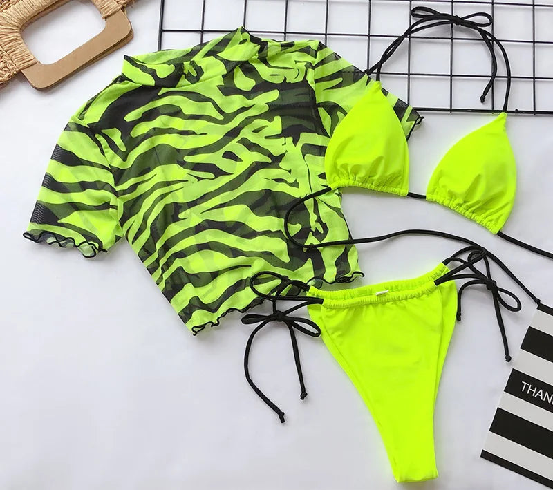 Zebra Print Mesh Short Sleeve Halter Mini Micro Bikini Female Swimsuit Women Swimwear Three-pieces Bikini set Bathing Suit Swim