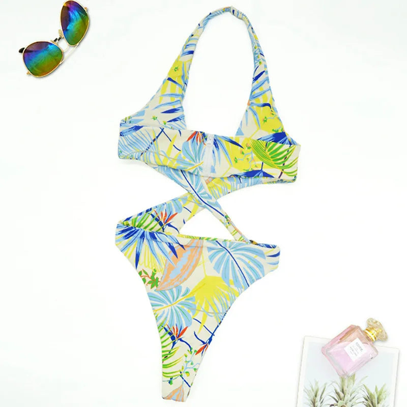 2025 Sexy High Cut Out Halter Female Swimwear One Piece Swimsuit Women Cross Bandage Monokini Bather Bathing Suit Swim Beachwear