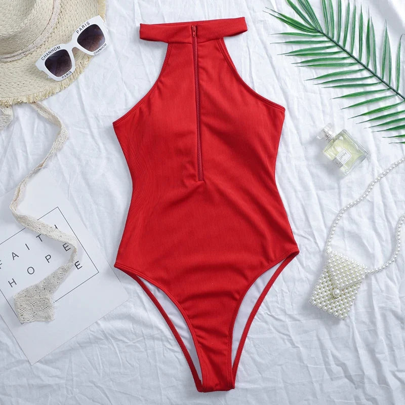New Sexy High Neck Zipper Women Swimwear One Piece Swimsuit Female Monokini High cut Trikini Ribbed Bathing Suit Swim Bodysuit