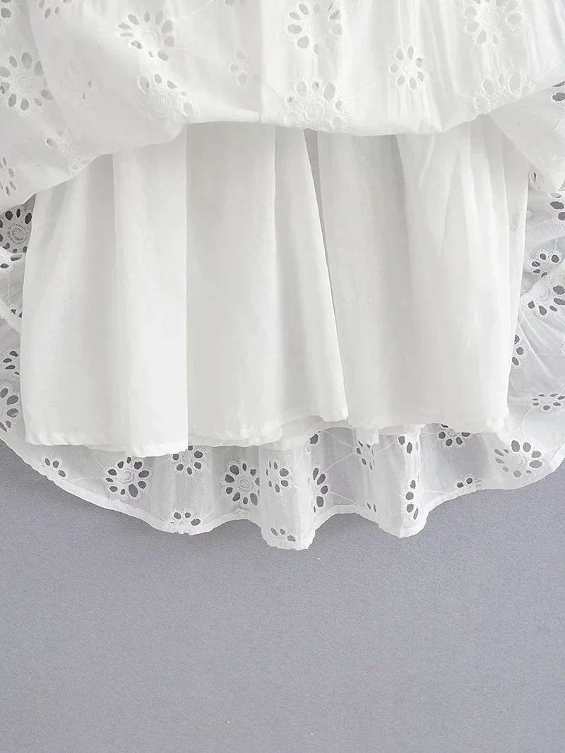 Foridol White Lace Sleeveless Summer Dress Women Hollow Out Embriodery Sundress Casual Button Beach Boho Vintage Short Dress