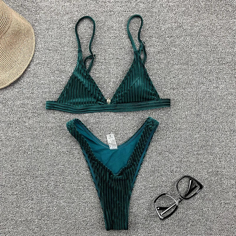 Ribbed Metallic Velvet Bikini Women Swimsuit Female Thong Swimwear Two Pieces Bikini Set High Cut Bathing Suit Swim Beachwear