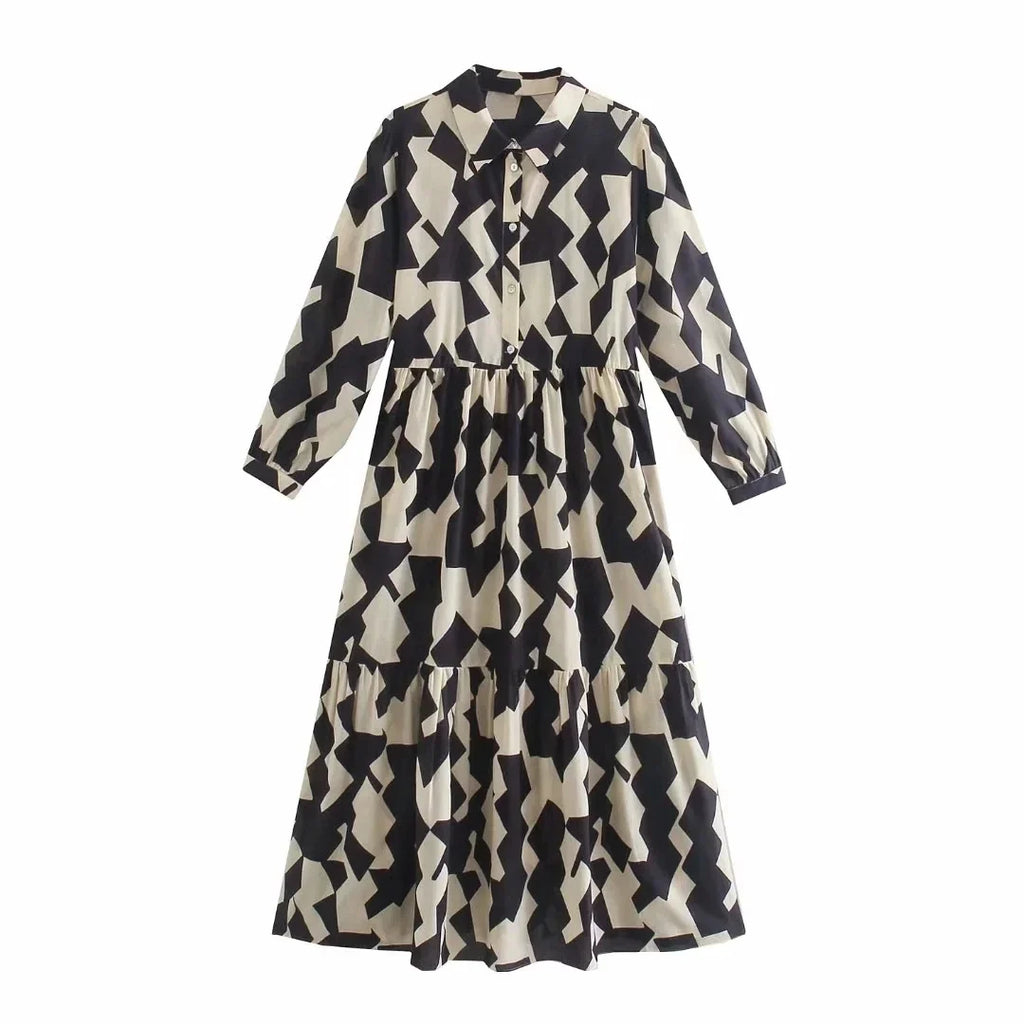 Foridol Geometric Print Black Shirt Dress Casual Elegant Autumn Winter Women's New Dress Vestidos Robe Femme Long Sleeve Dress