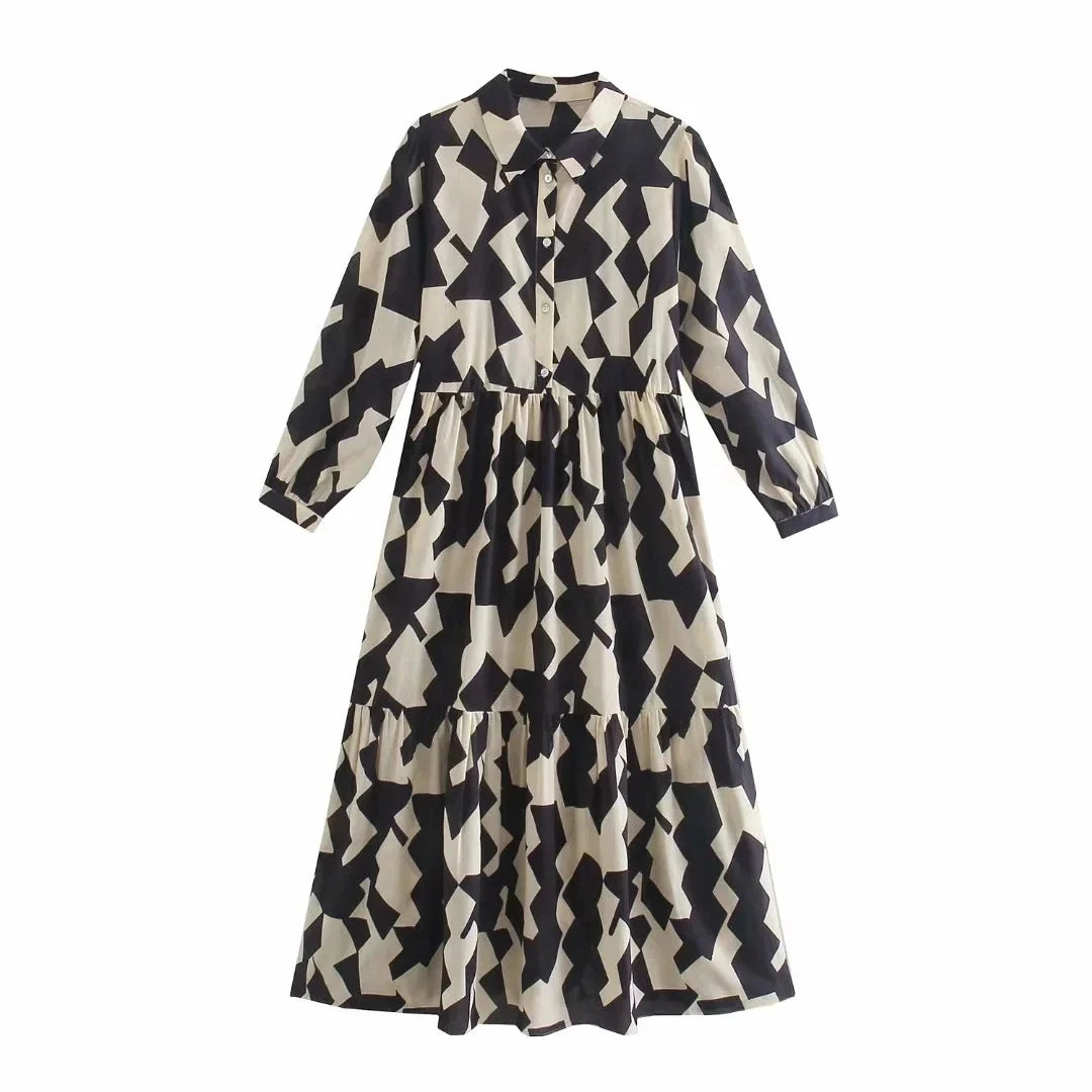 Foridol Geometric Print Black Shirt Dress Casual Elegant Autumn Winter Women's New Dress Vestidos Robe Femme Long Sleeve Dress