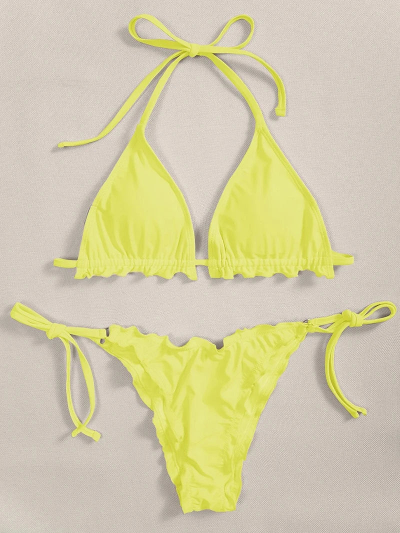 Halter String Ruffled Frilled Bikini 2026 Women Swimsuit Female Swimwear Two Pieces Bikini Set Padded Bather Bathing Suit Swim