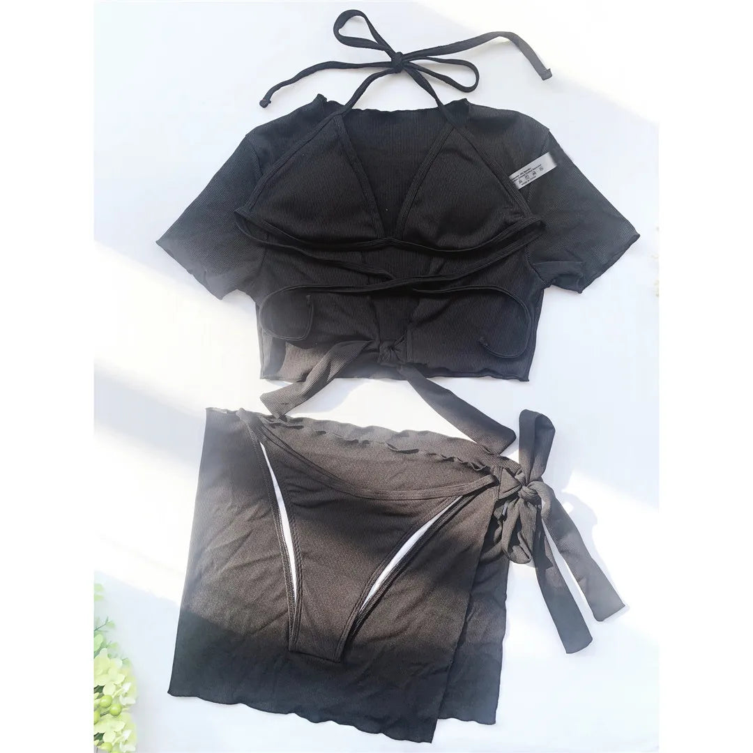 XS - L Ribbed Halter Bikini Women Swimwear Female Swimsuit Four-pieces Bikini set With Sarong Bather Bathing Suit Swim V3152B