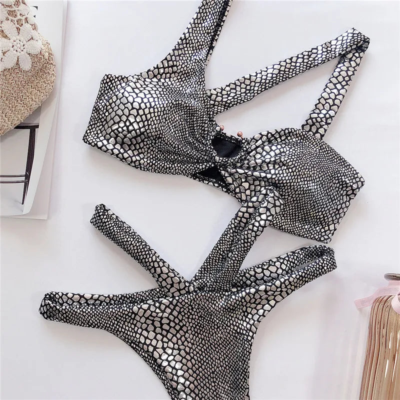 Asymmetric Shiny Snake Skin Thong Bikini Female Swimsuit Women Swimwear Two Pieces Bikini set High Cut Bather Bathing Suit Swim