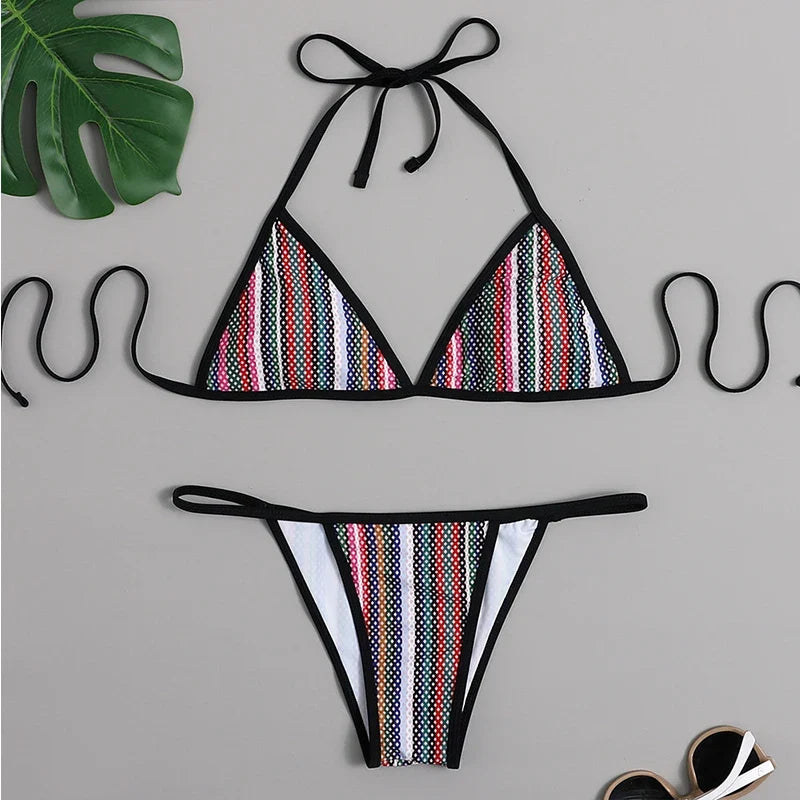 2025 Sexy Long Sleeve Striped Bikini Women Brazilian Swimwear Female Swimsuit 3 Pieces Bikini Set Halter Micro Bathing Suit Swim