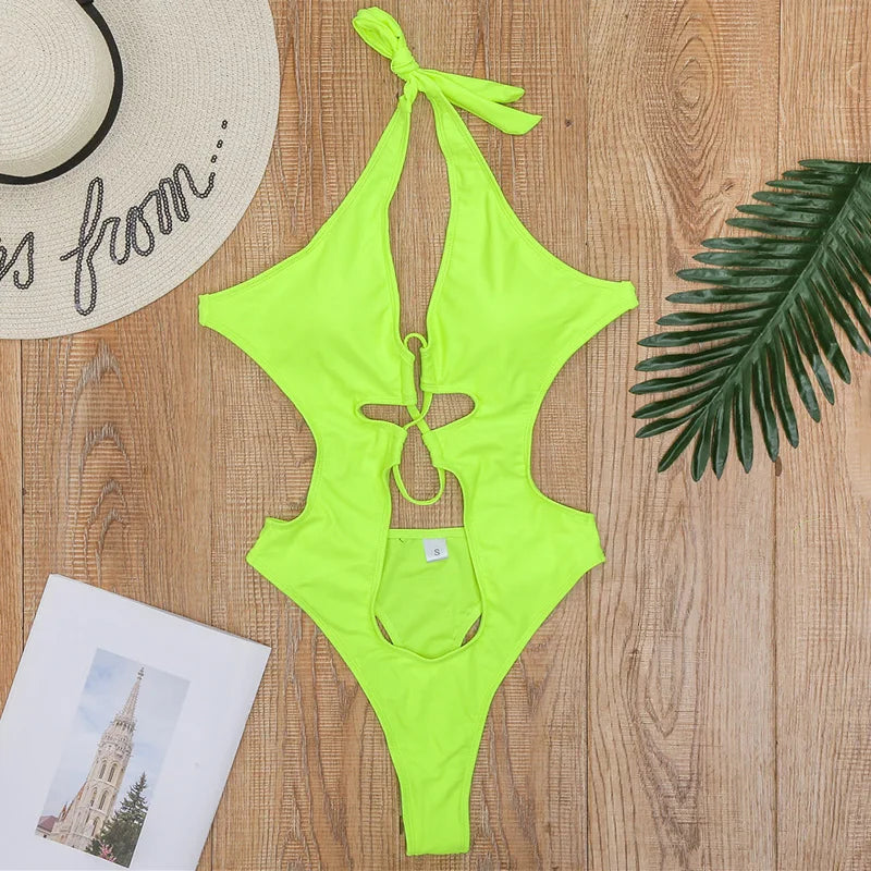 Lace up Halter Tummuy Cut Out Female Thong Swimwear One Piece Swimsuit Women Backless Monokini High Cut Bather Bathing Suit Swim