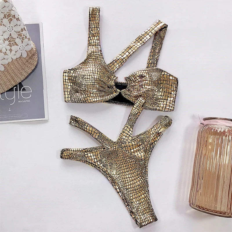 Asymmetric Shiny Snake Skin Thong Bikini Female Swimsuit Women Swimwear Two Pieces Bikini set High Cut Bather Bathing Suit Swim
