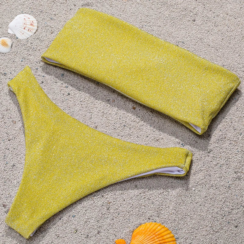 2025 Shiny Sparkling High Waist Bikini Women Bandeau Swimsuit Female Swimwear Two Pieces Bikini set High cut Bathing Suit Swim