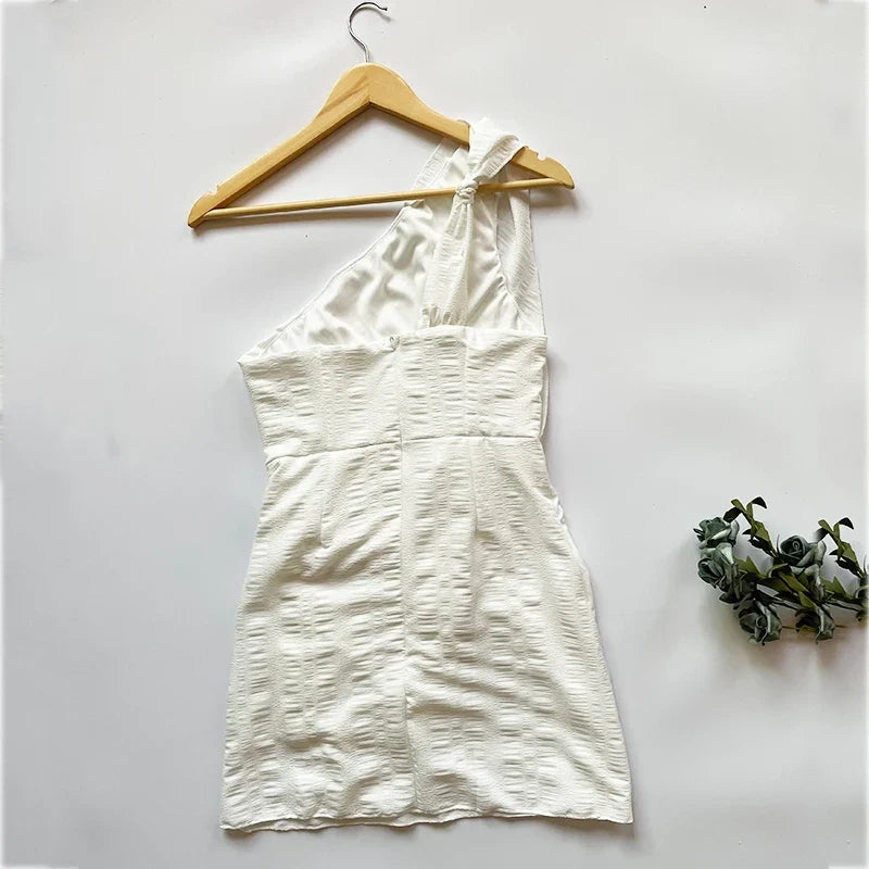 Foridol One Shoulder White Cotton Ruched Short Summer Dress Bowknot Beach Sundress Women Sleeveless Solid Dress
