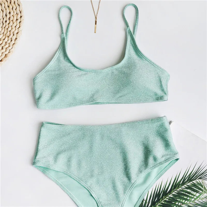 2025 Glitter Sparkling Female Swimsuit High Waist Bikini Women Swimwear Two Pieces Bikini Set Wrinkled Bandeau Bathing Suit Swim
