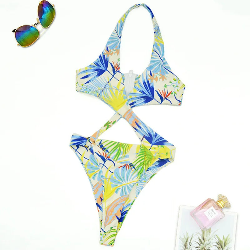 2025 Sexy High Cut Out Halter Female Swimwear One Piece Swimsuit Women Cross Bandage Monokini Bather Bathing Suit Swim Beachwear