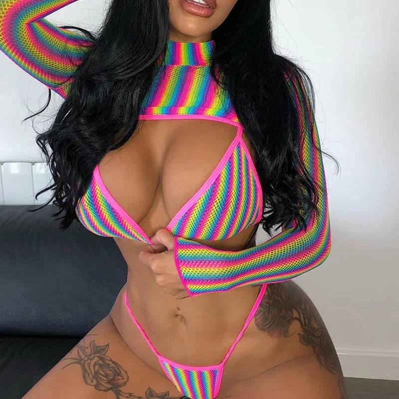 2025 Sexy Long Sleeve Striped Bikini Women Brazilian Swimwear Female Swimsuit 3 Pieces Bikini Set Halter Micro Bathing Suit Swim