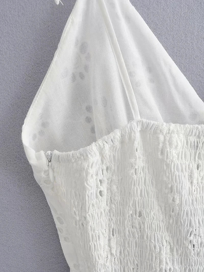 Foridol White Lace Sleeveless Summer Dress Women Hollow Out Embriodery Sundress Casual Button Beach Boho Vintage Short Dress