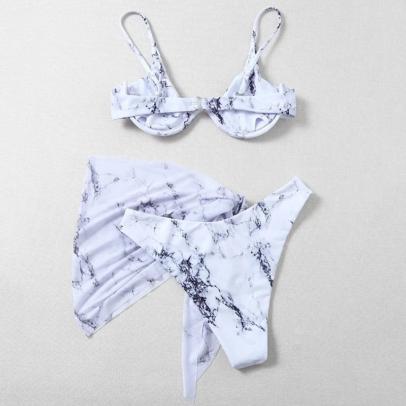 Marble Print V-Bar Underwired Bikini Women Swimsuit Female Swimwear Three-pieces Bikini Set Push Up Bathing Suit Beach Sarong