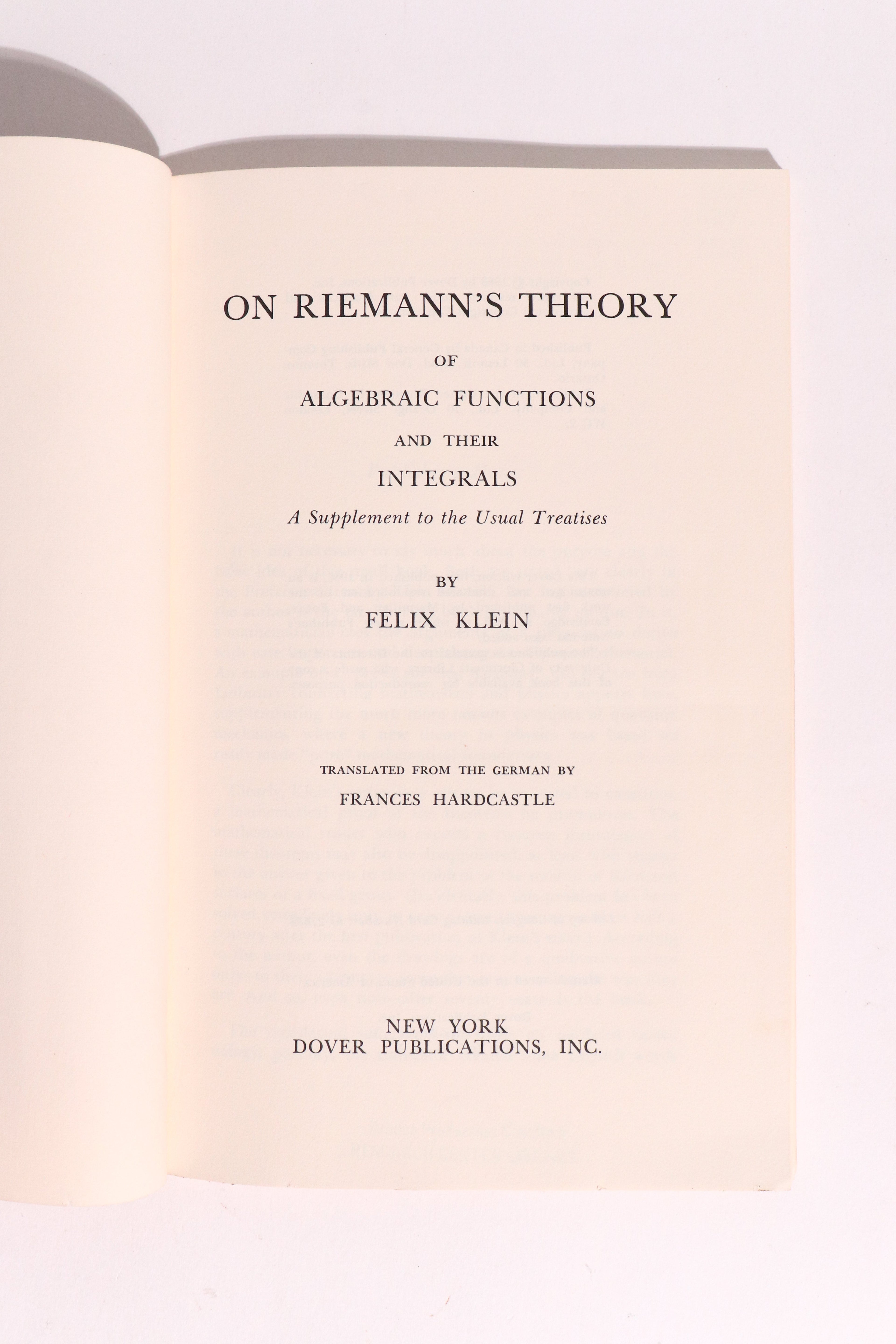 On Riemann's Theory of Algebraic Functions and Their Integrals — Felix Klein